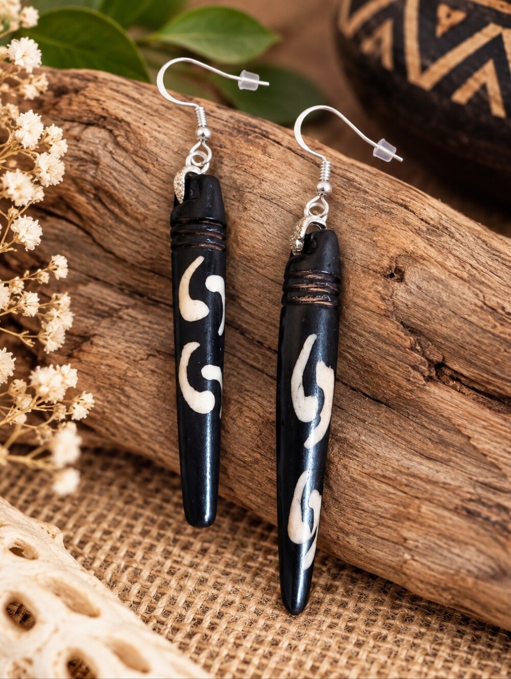 Handcrafted Bone Dangle Earrings – Black & White Tribal Style – Long Earrings